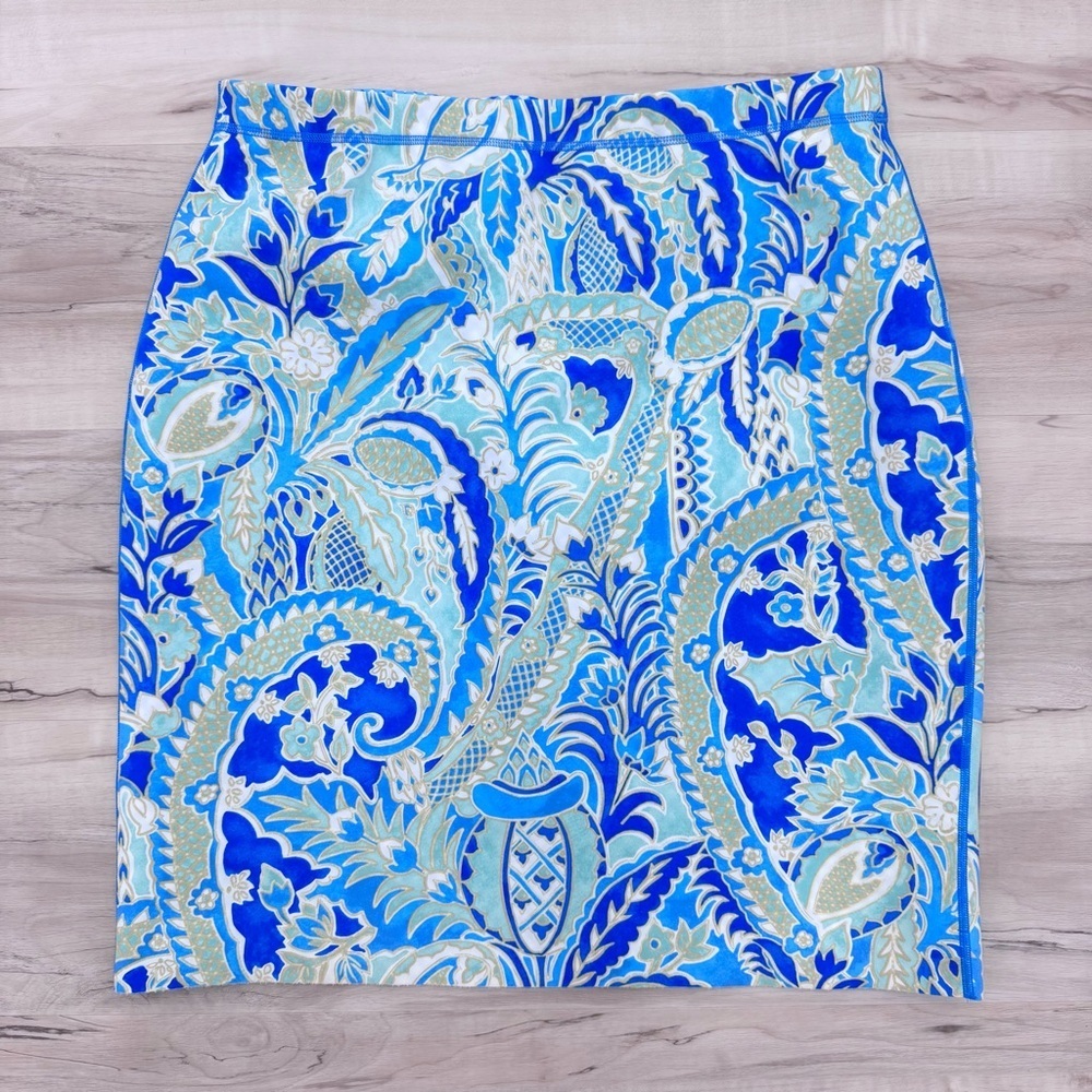 J.McLaughlin Women's L Halle Reversible Pencil Skirt Blue Paisley Gingham Scuba